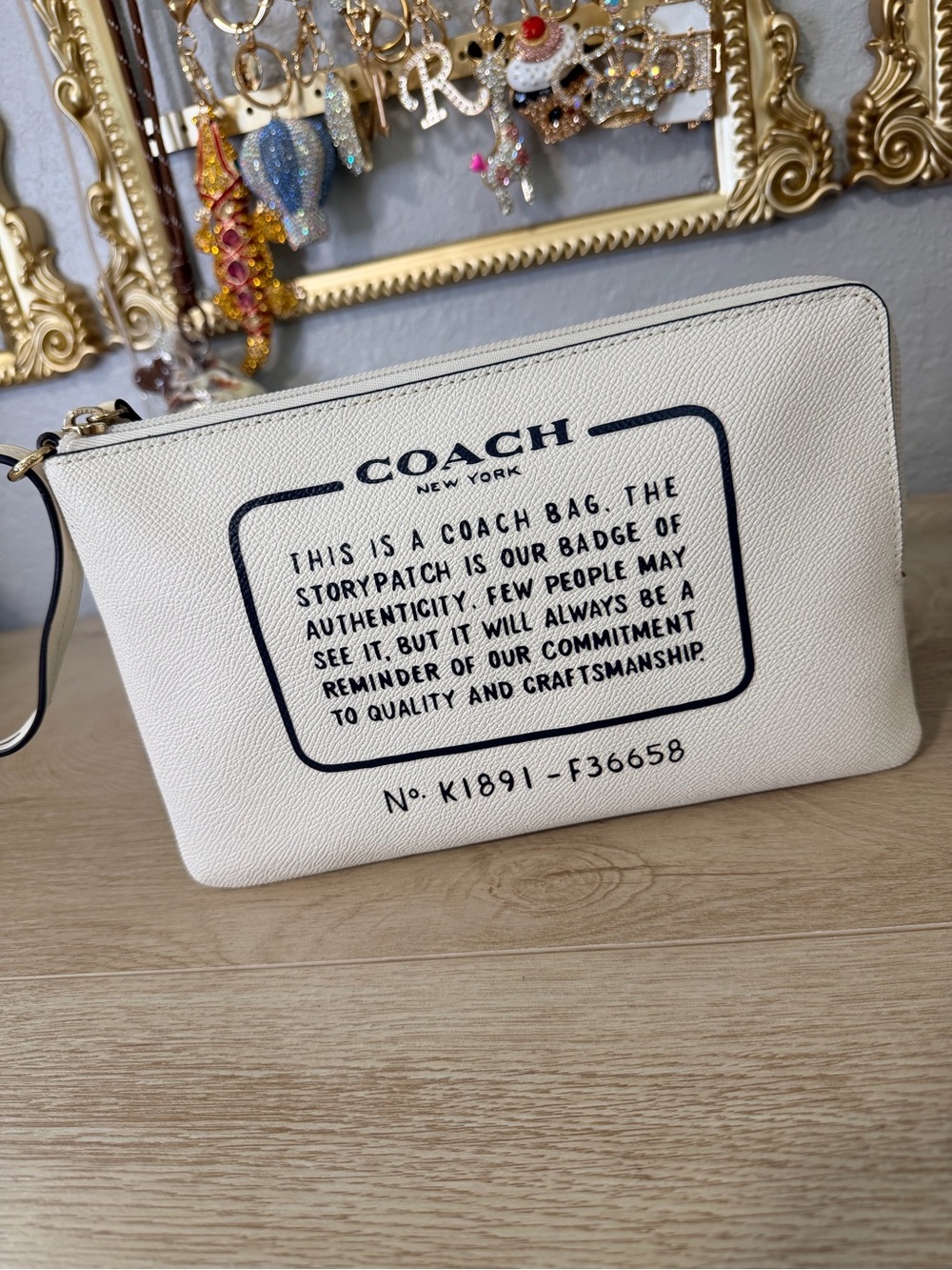 Coach Cream Leather Storypatch Wristlet Pouch